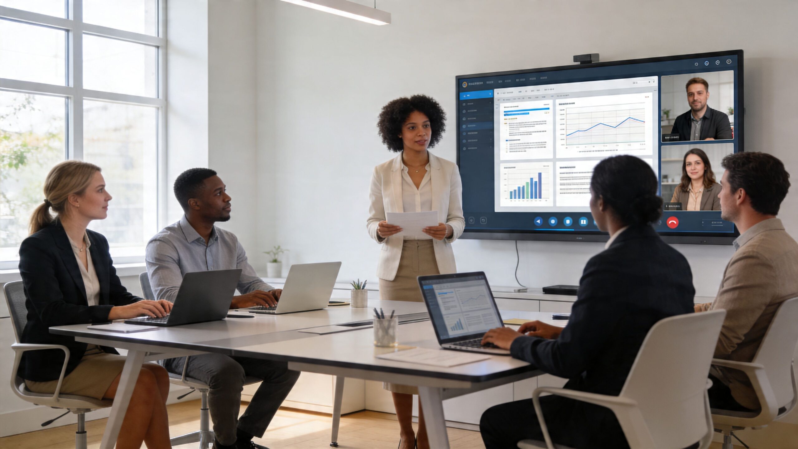 Una mujer presenta datos en una sala de reuniones con equipo de videoconferencia para comunicación a distancia.