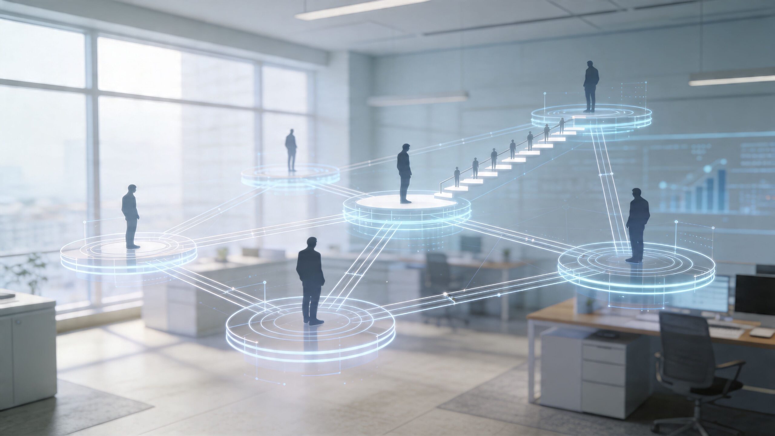 Representación holográfica de una red de negocios profesional conectando empleados en una oficina moderna y brillante