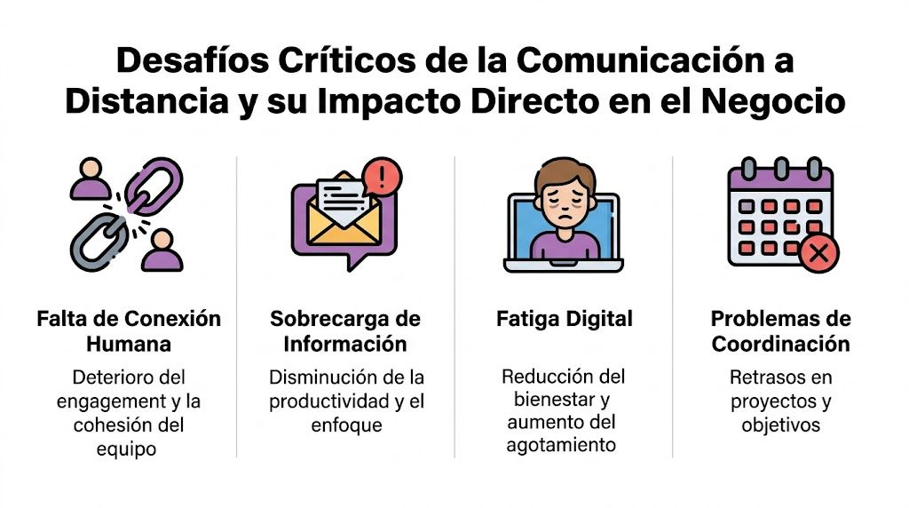 Gráfico sobre los desafíos críticos de la comunicación a distancia y su impacto negativo en las empresas.