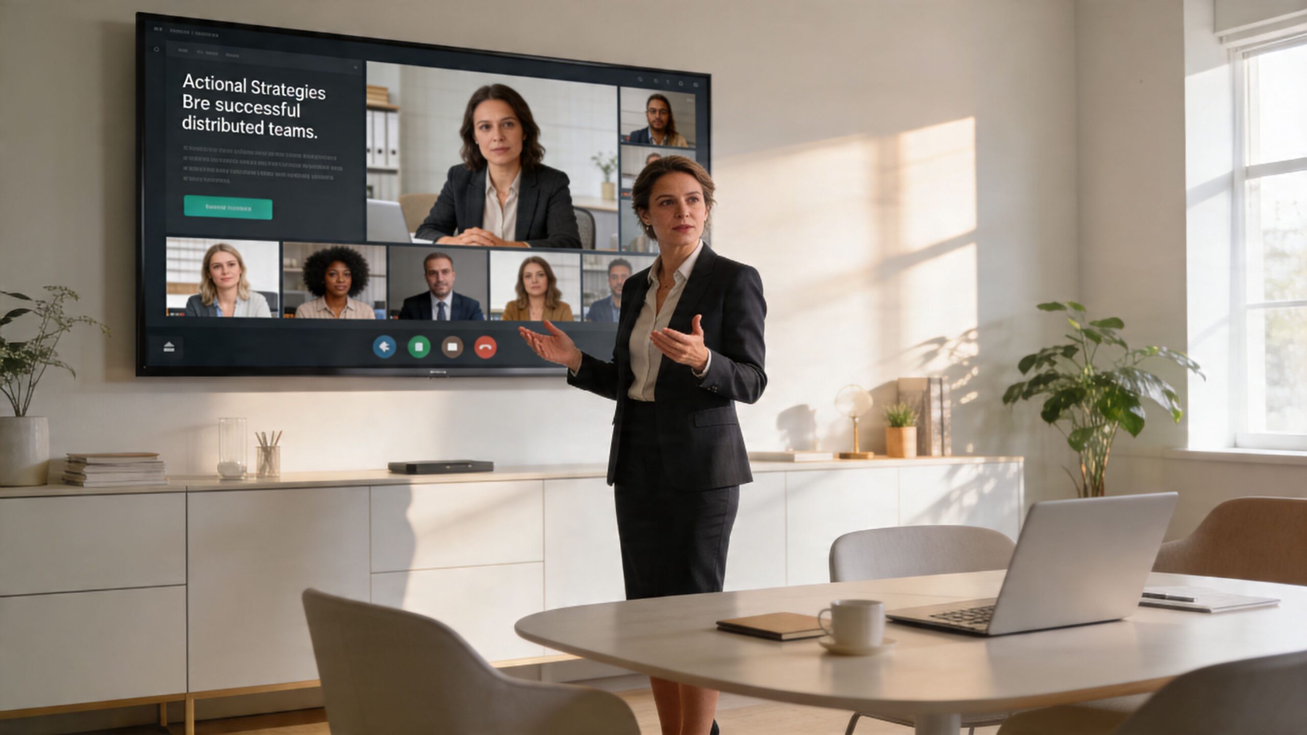 Una mujer de negocios realiza una presentación profesional a través de una videoconferencia en una oficina moderna.