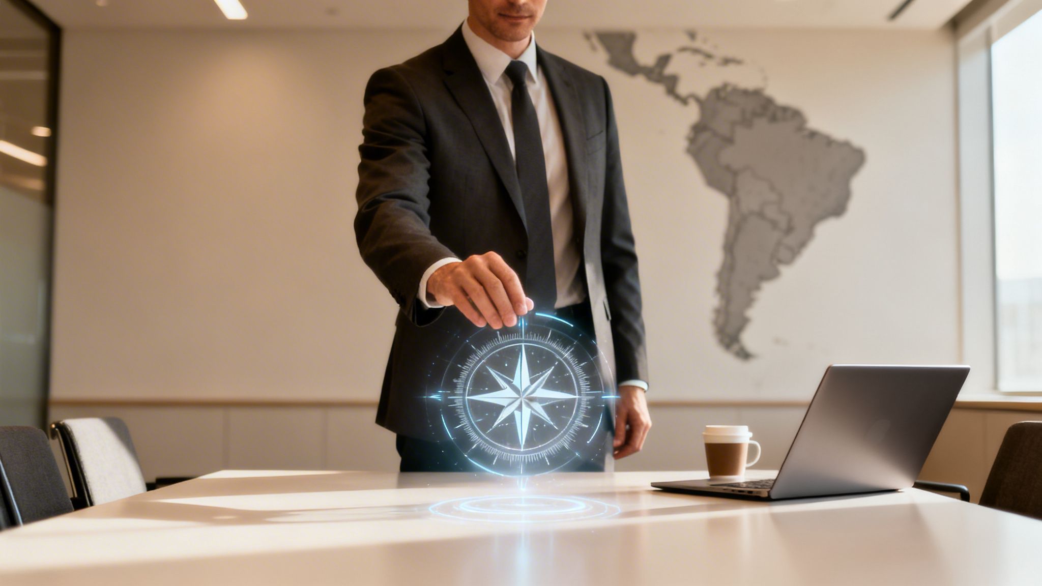 Hombre de negocios en traje interactuando con una brújula digital luminosa sobre una mesa en una sala de reuniones.