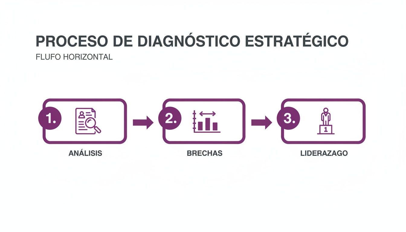 Diagrama de flujo horizontal del proceso de diagnóstico estratégico que muestra análisis, brechas y liderazgo.