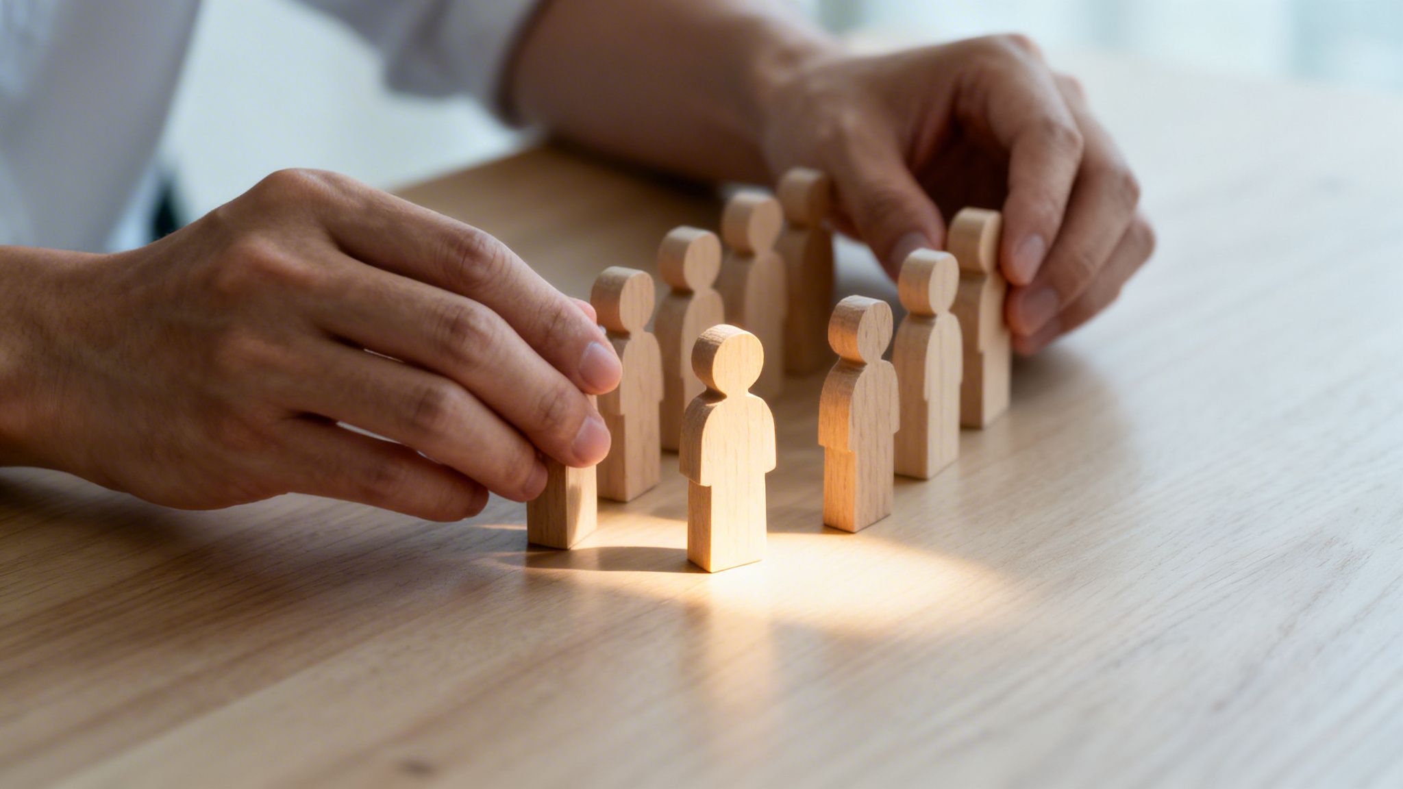 Manos de persona organizando figuras de madera sobre una mesa. Una figura central destaca con luz, simbolizando liderazgo o elección.