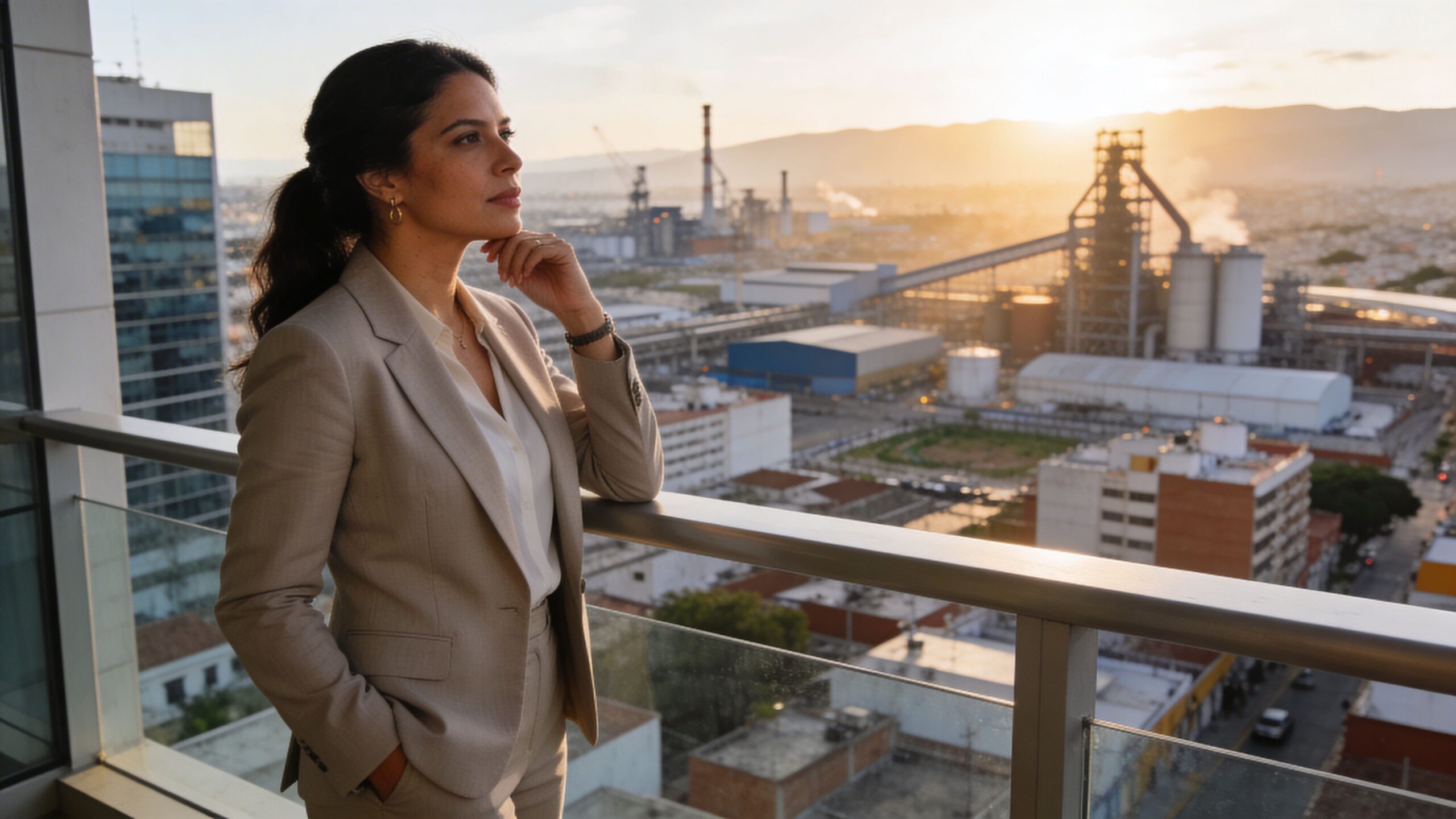 Una ejecutiva de negocios observa pensativa una vista panorámica de un complejo industrial al atardecer.
