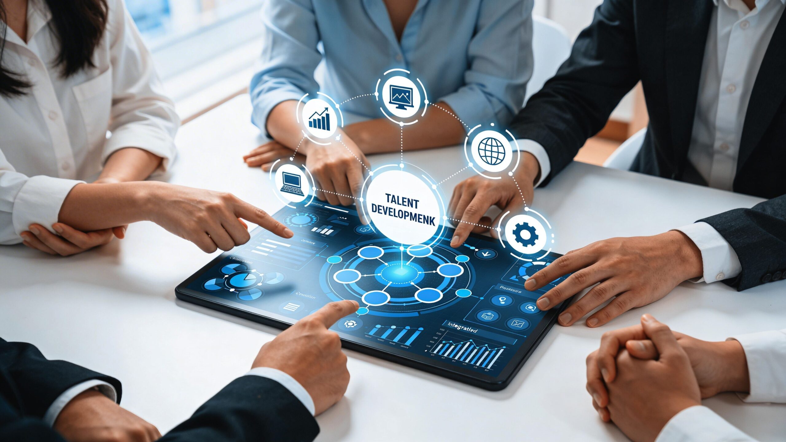 Un equipo de profesionales colaborando en una estrategia de desarrollo de talento utilizando tecnología digital en tabletas.