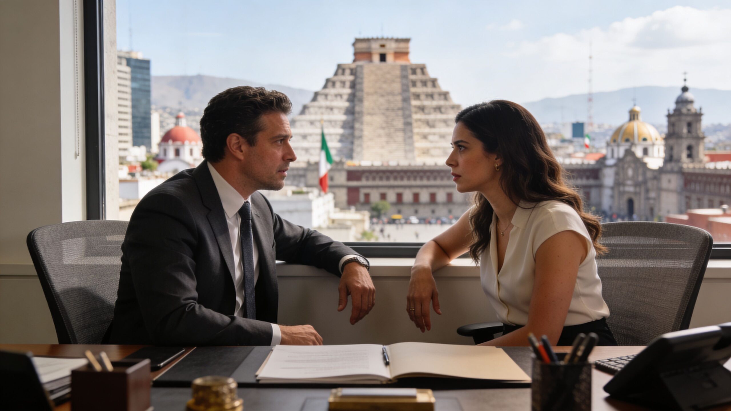 Dos profesionales de negocios en una oficina hablando seriamente frente a un edificio histórico en México.