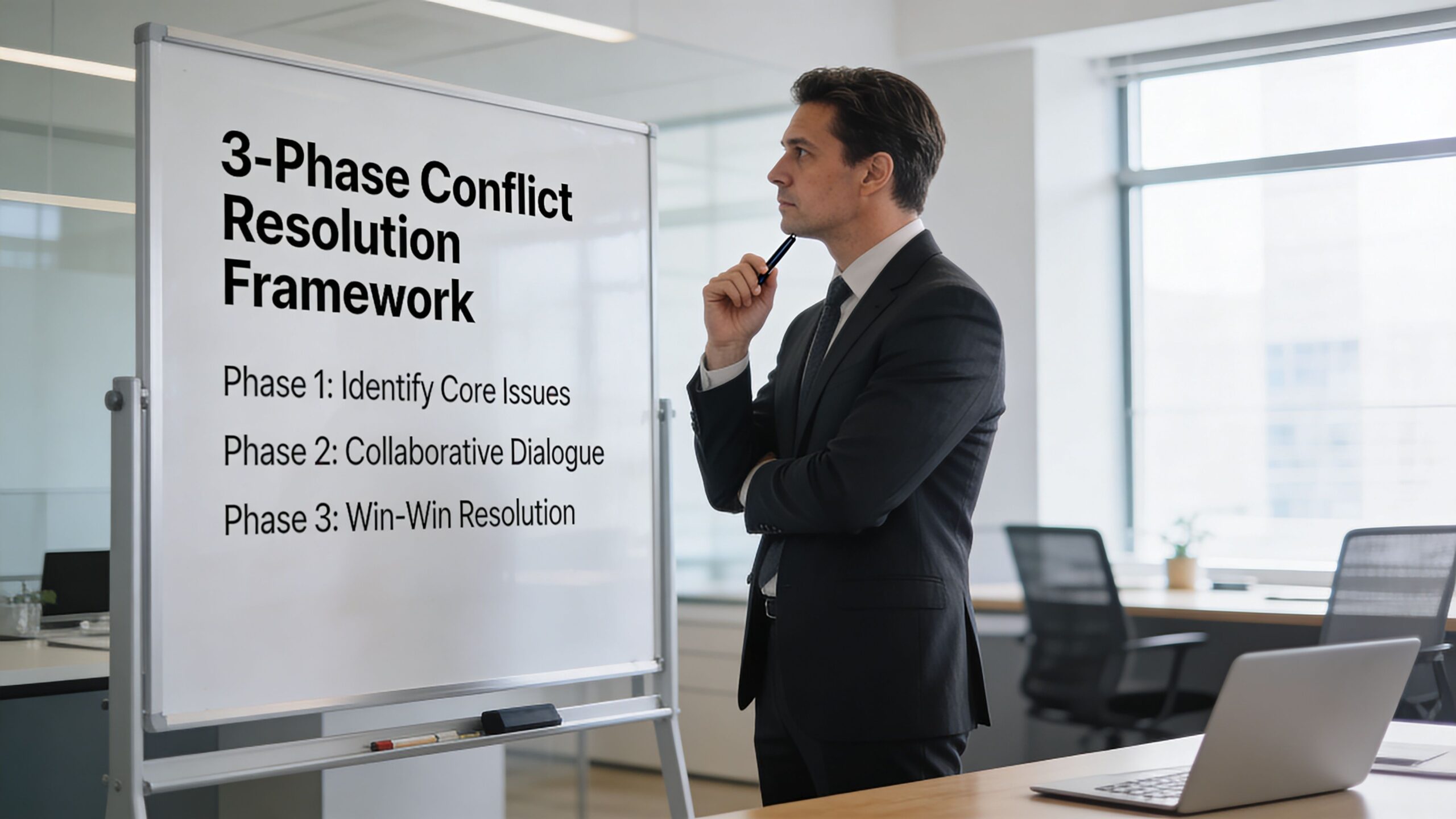 Un ejecutivo en traje reflexiona ante una pizarra con un marco de trabajo para resolver conflictos laborales.