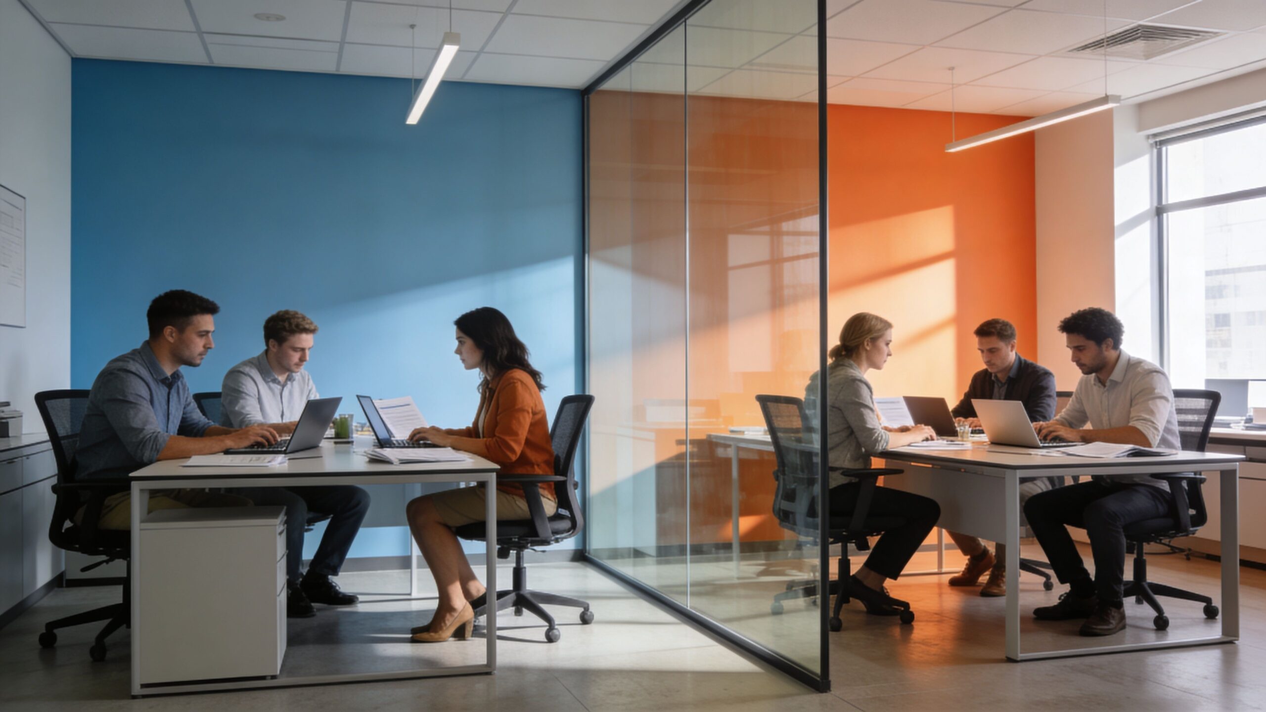Grupo de colegas trabajando en computadoras portátiles en una oficina moderna con paredes de colores vibrantes.