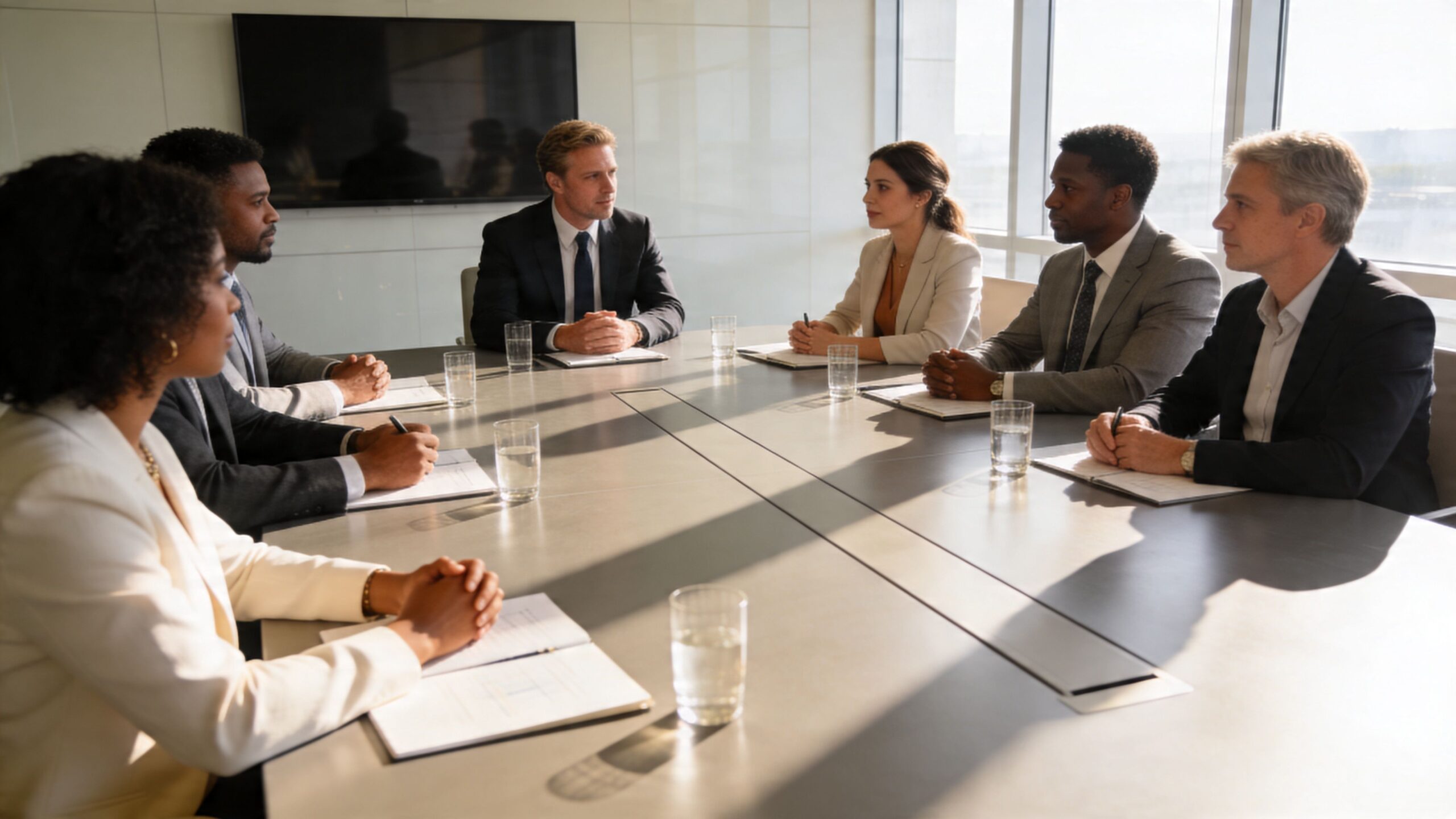 Un grupo diverso de profesionales sentados alrededor de una mesa de juntas durante una reunión de negocios.