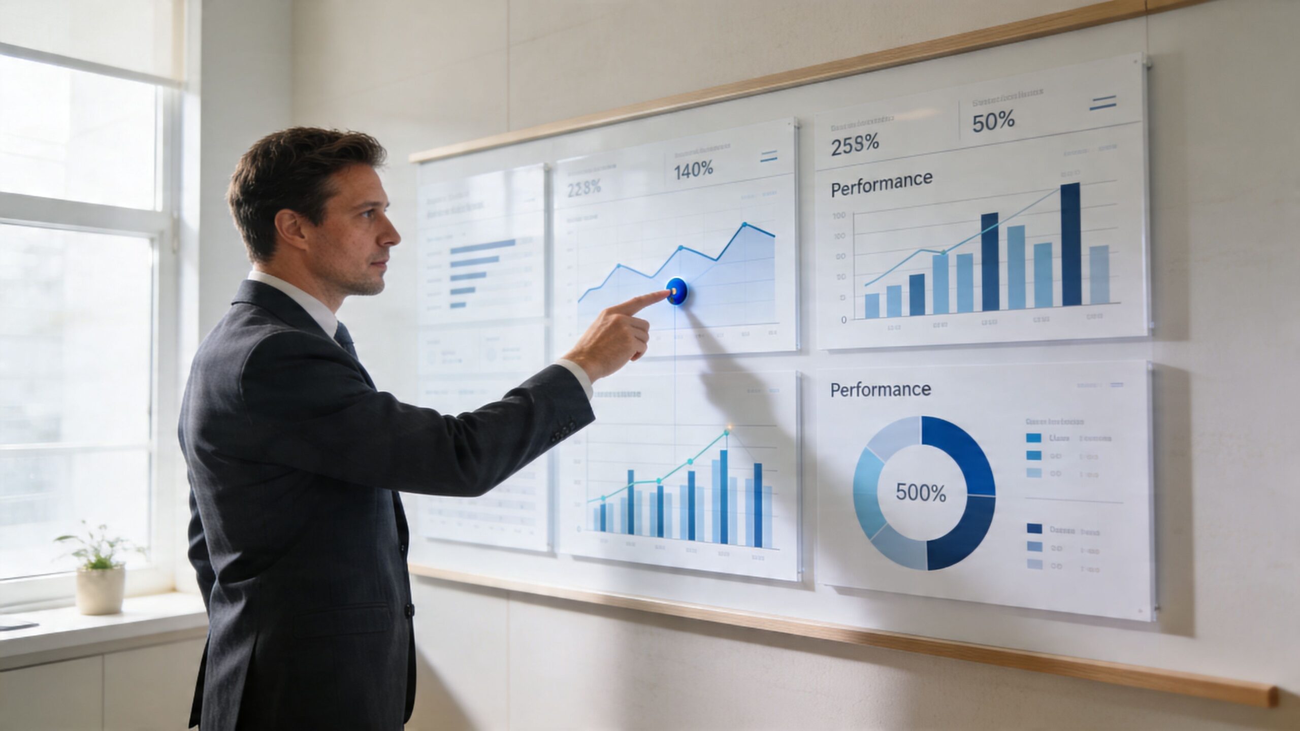 Un ejecutivo de negocios analizando gráficos de rendimiento y datos financieros proyectados en una pantalla interactiva.