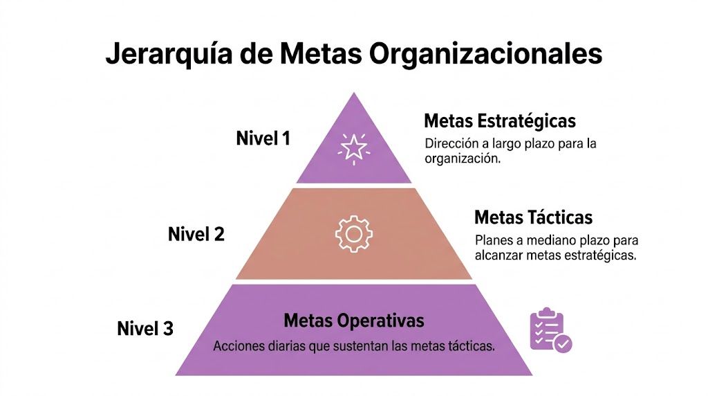 Diagrama de pirámide que ilustra la jerarquía de metas organizacionales en tres niveles de gestión empresarial.