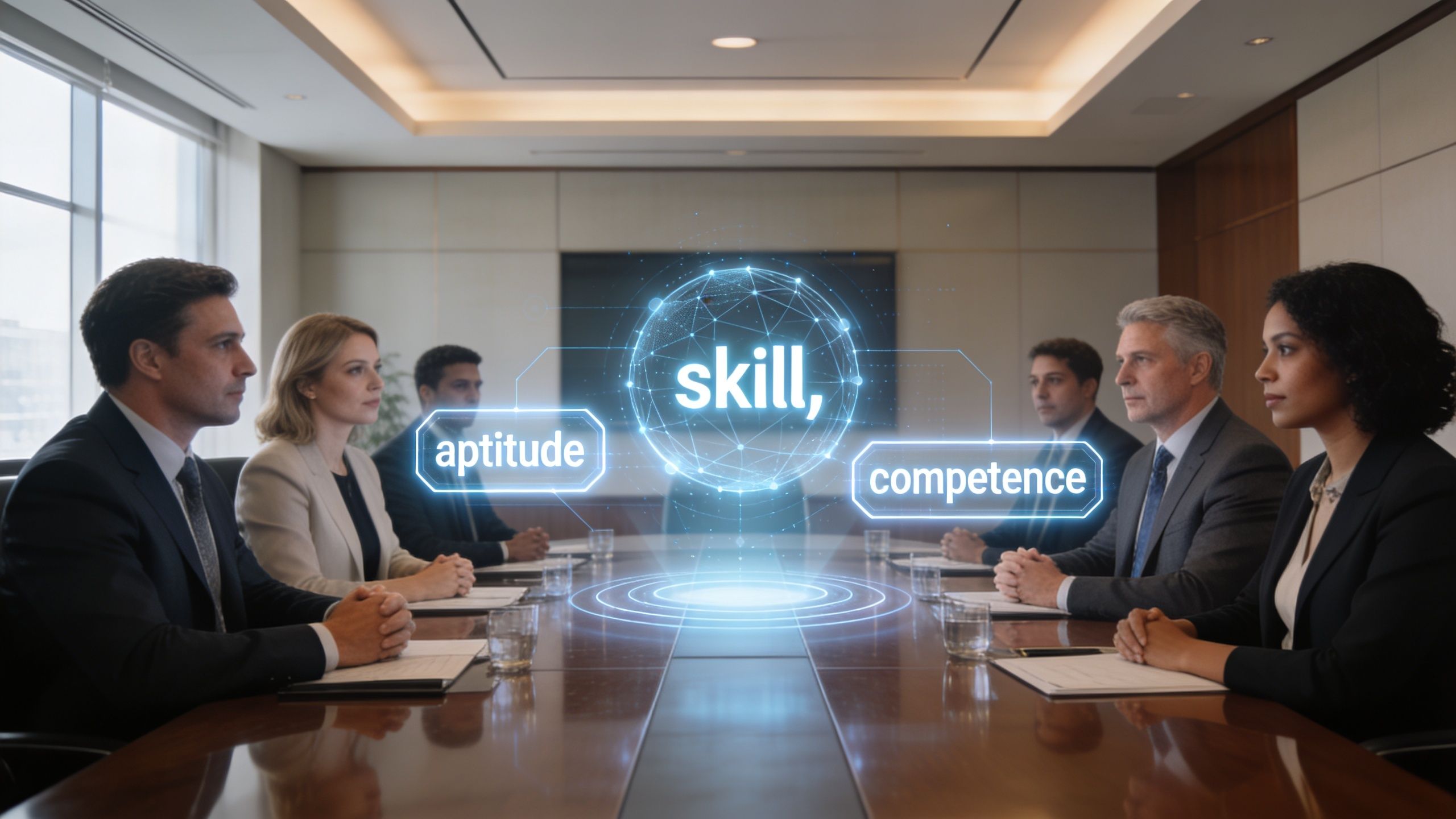 Grupo de profesionales corporativos reunidos alrededor de una mesa examinando conceptos digitales de aptitud, competencia y habilidad.