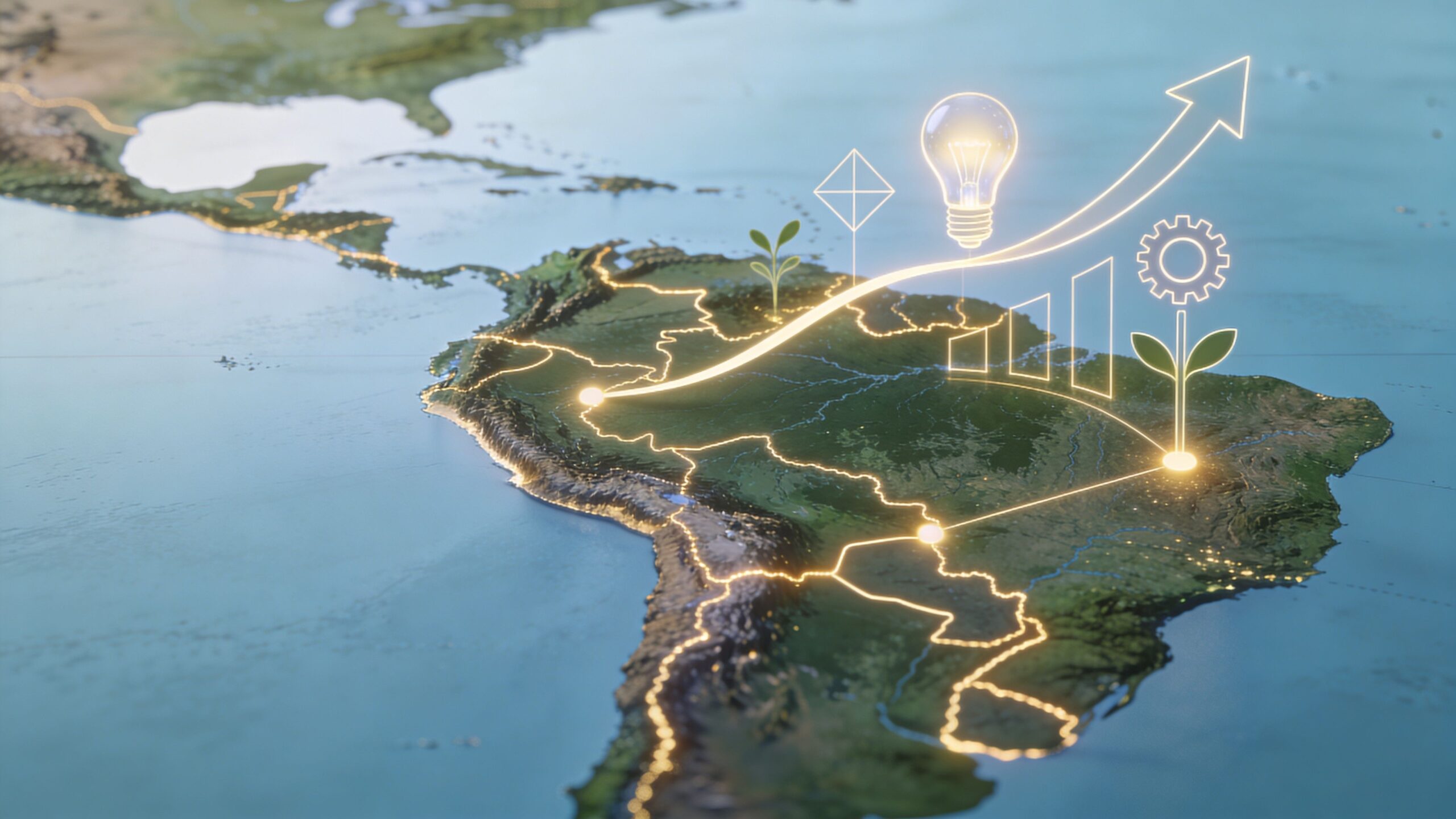 Representación digital del mapa de América del Sur con iconos brillantes de desarrollo, crecimiento económico y sostenibilidad.