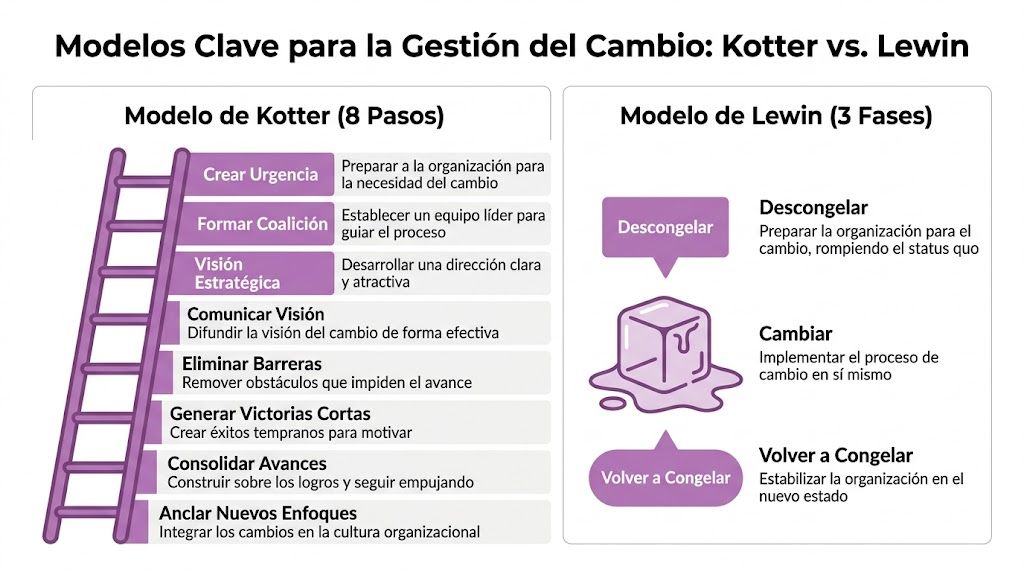 Comparativa visual de los modelos de gestión del cambio de Kotter y Lewin para empresas.