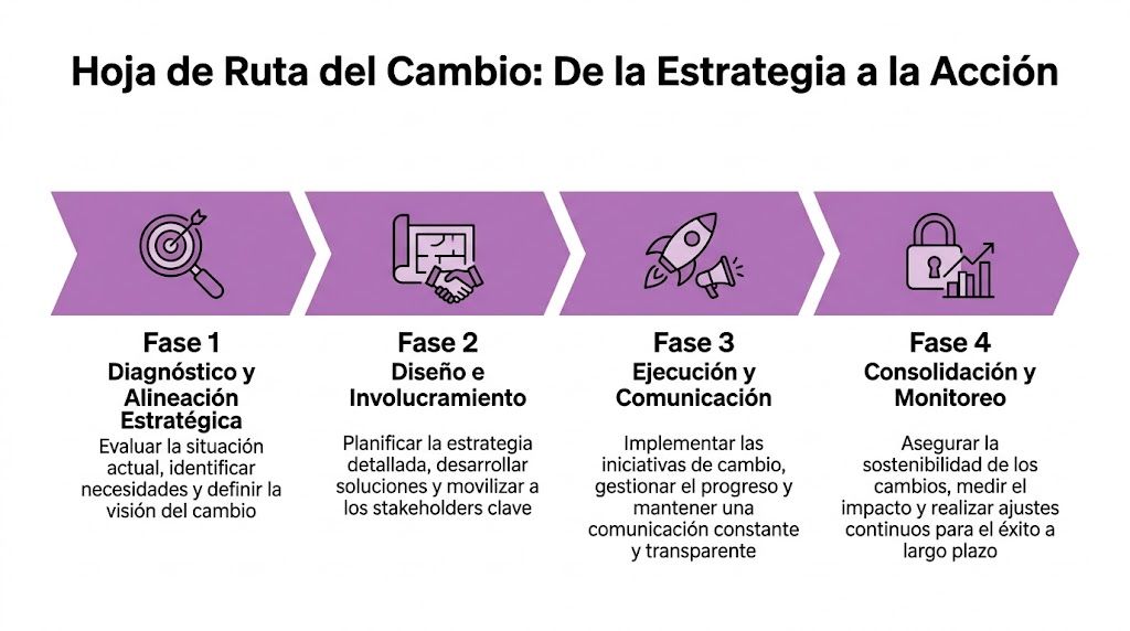 Hoja de ruta que muestra las cuatro fases estratégicas para implementar cambios efectivos en una organización empresarial.