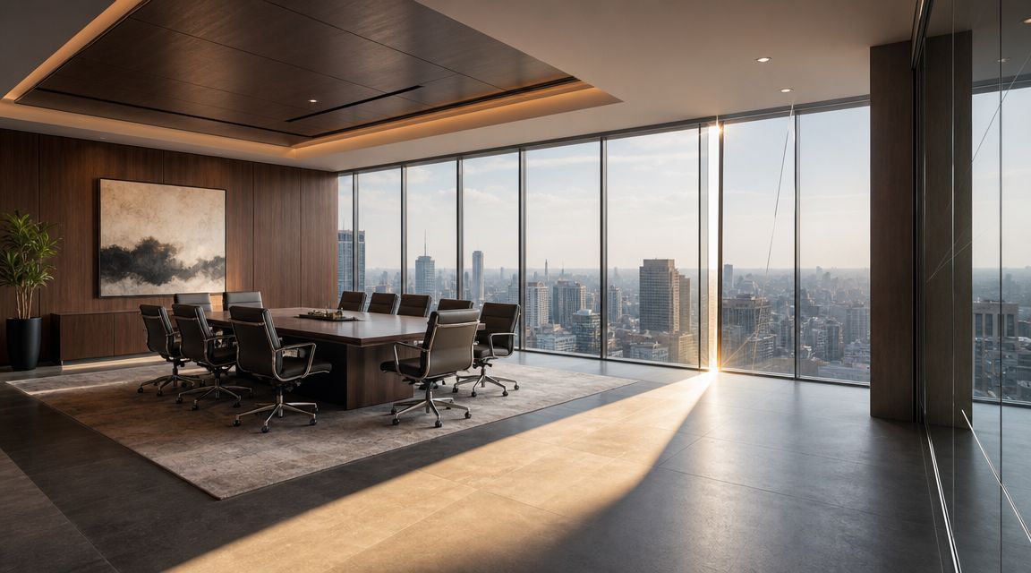 Una sala de juntas ejecutiva con muebles de madera oscura, grandes ventanales y vistas impresionantes de la ciudad.