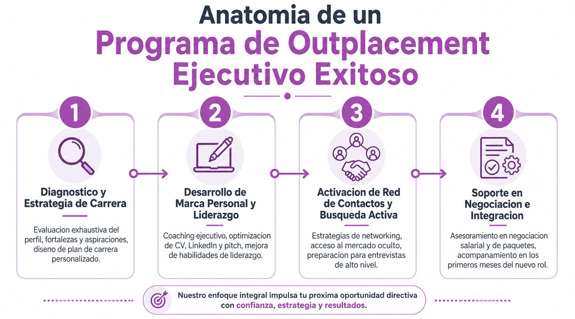 Infografía sobre las cuatro etapas de un programa de outplacement para directivos y ejecutivos de alto nivel.