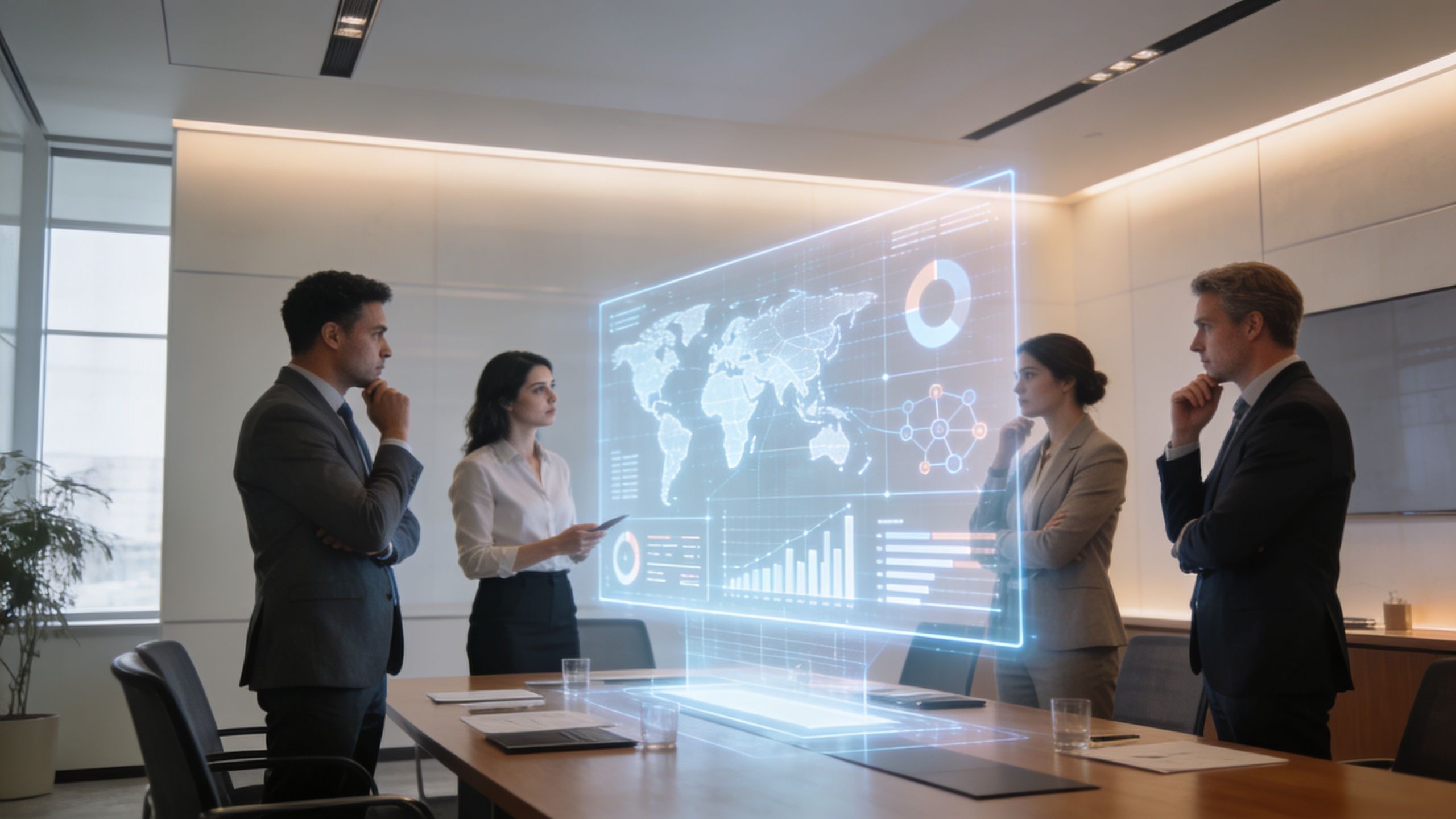 Equipo ejecutivo analizando gráficos y mapas globales proyectados en una pantalla holográfica en una sala de juntas.