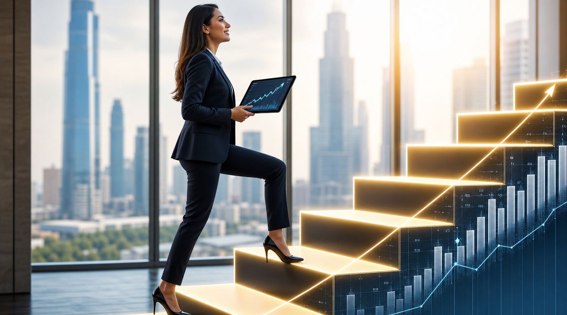 Una ejecutiva de negocios sube una escalera brillante que simboliza el crecimiento profesional y el éxito empresarial.