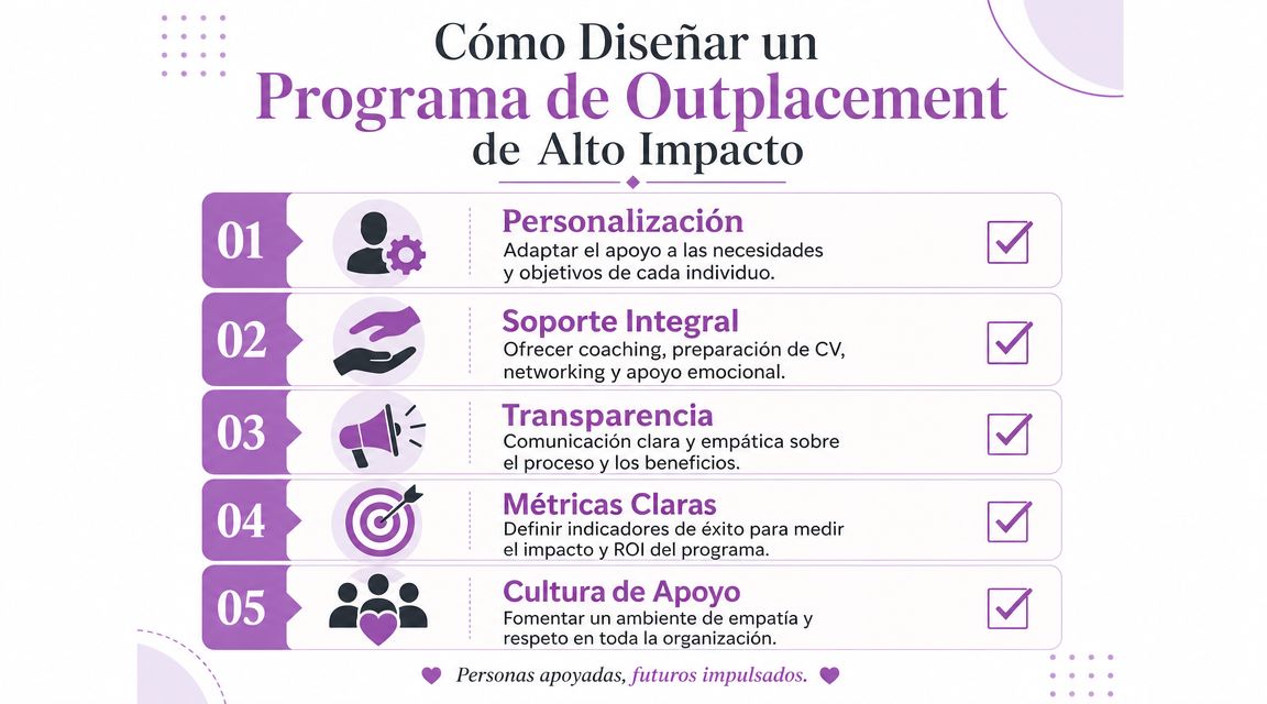 Infografía sobre cómo diseñar un programa de outplacement de alto impacto para empleados en transición laboral.