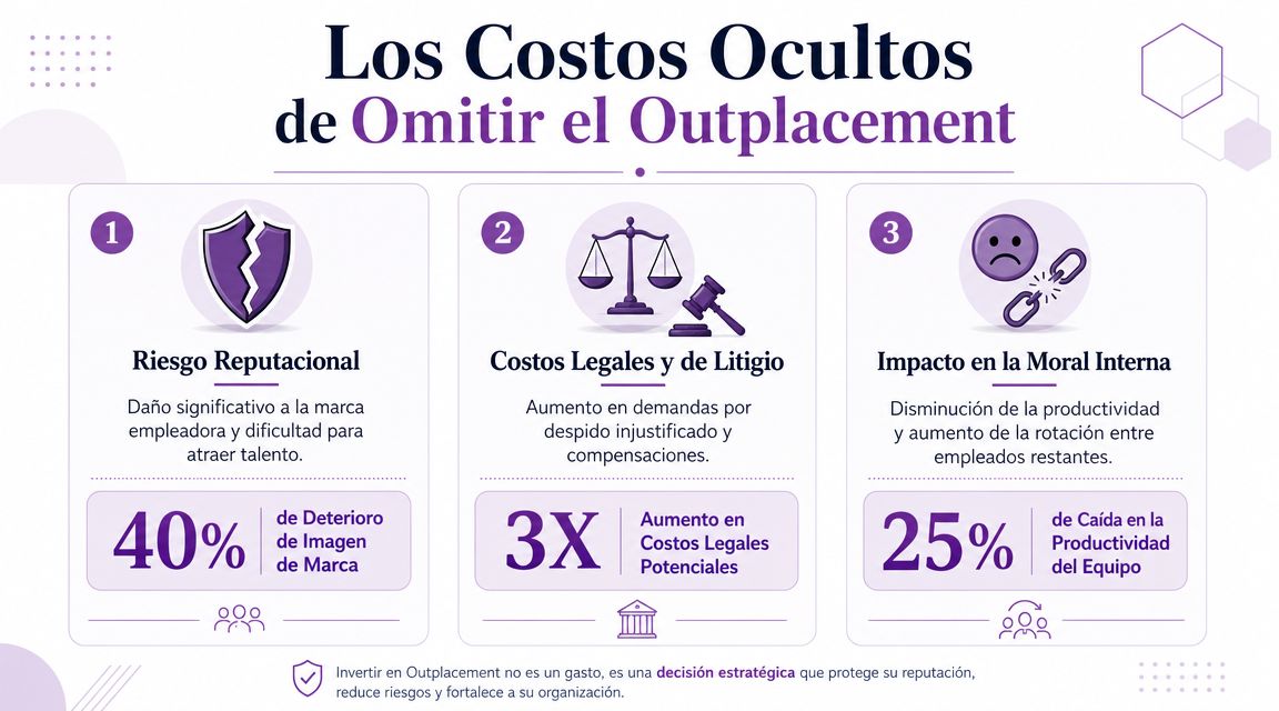 Infografía sobre los costos ocultos de omitir servicios de outplacement en las empresas y sus impactos negativos.