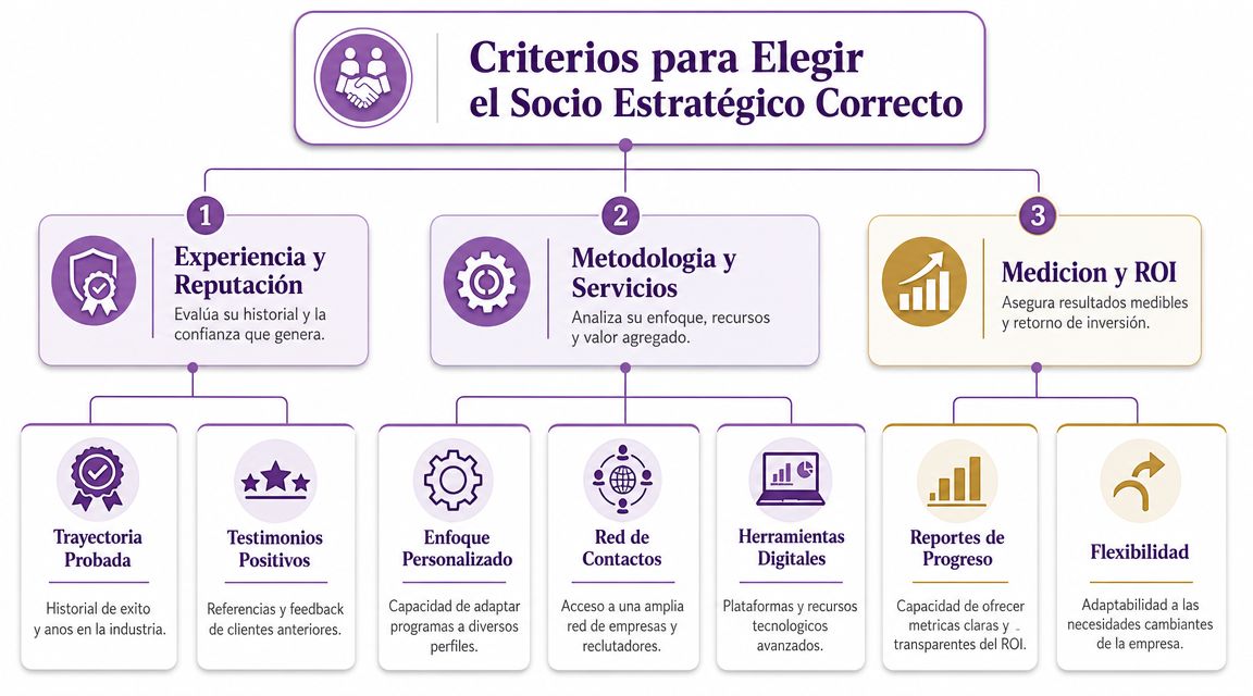 Infografía sobre los criterios clave para elegir al socio estratégico correcto en servicios de outplacement y reclutamiento.