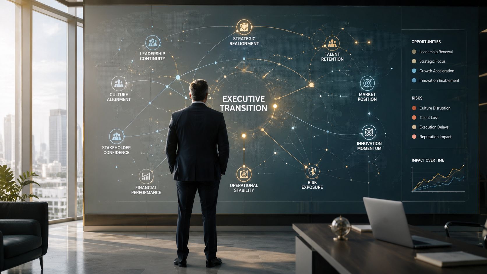 Un ejecutivo analizando un gráfico digital complejo sobre transiciones de liderazgo en una oficina corporativa moderna.