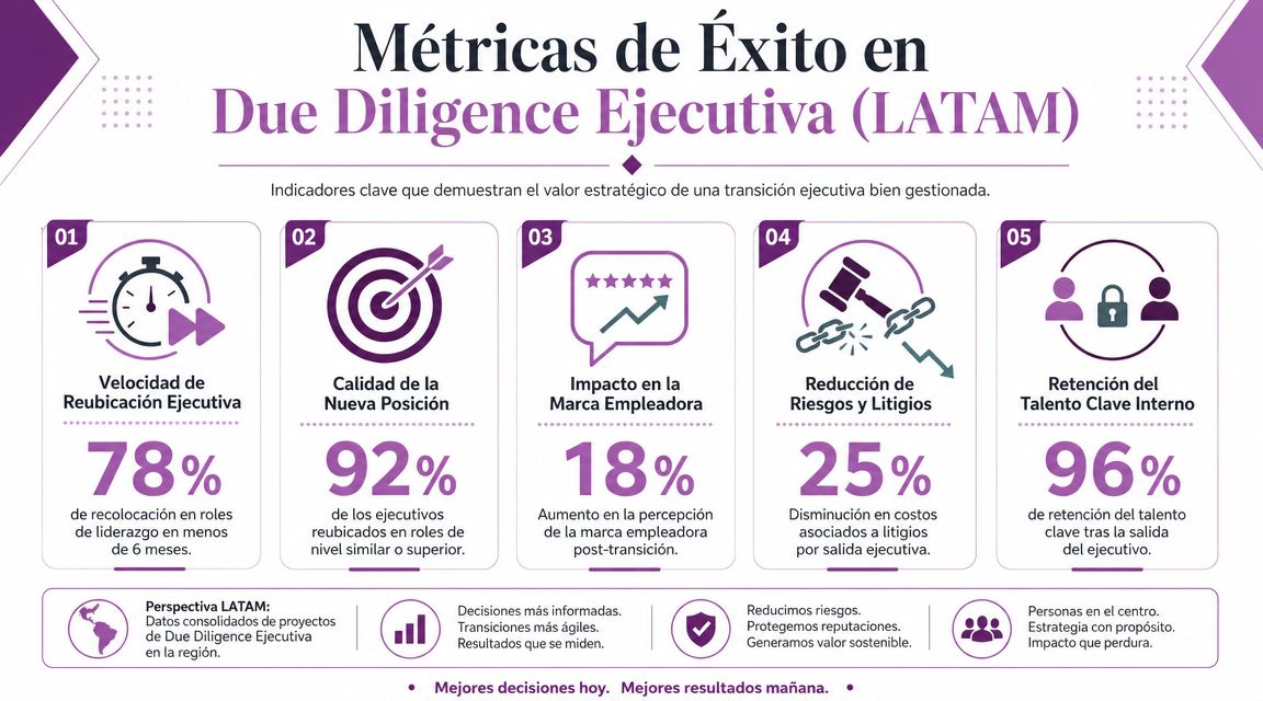 Infografía sobre las métricas de éxito en procesos de due diligence ejecutiva en la región de Latinoamérica.