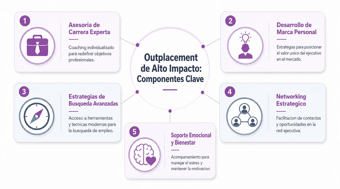 Infografía sobre los cinco componentes clave del outplacement de alto impacto para ejecutivos en transición profesional.
