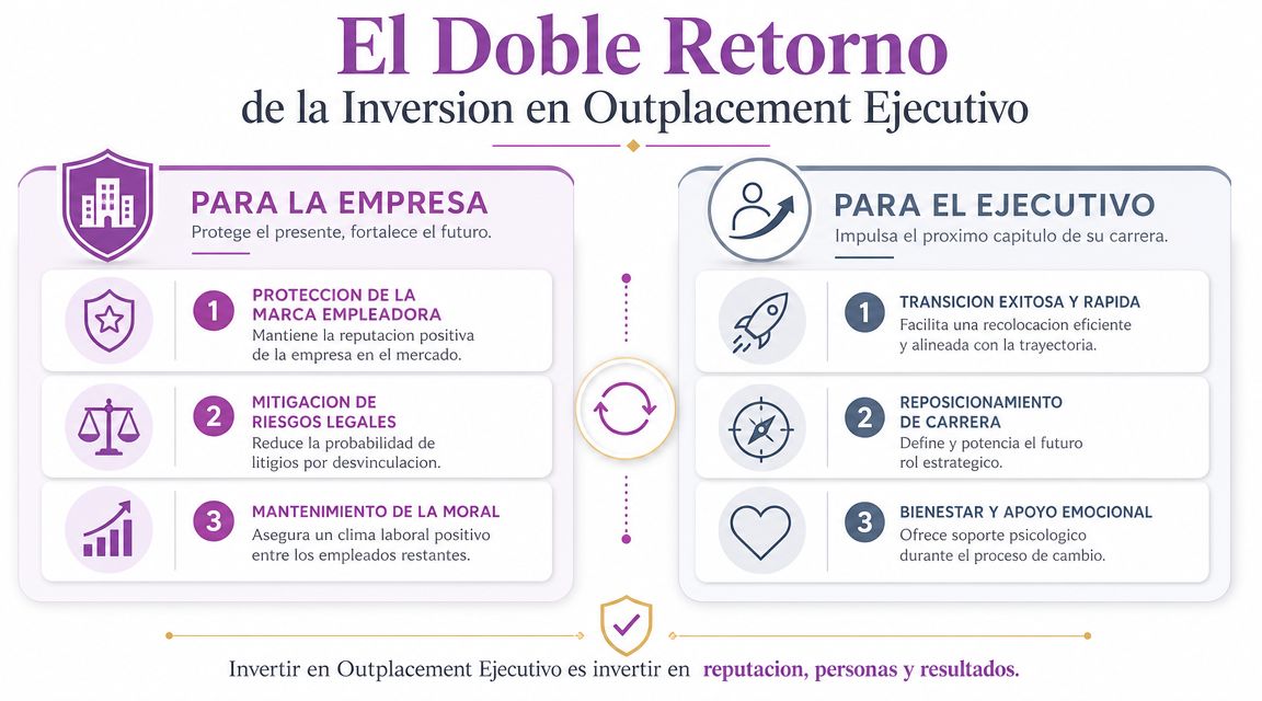 Infografía sobre los beneficios del outplacement ejecutivo para empresas y profesionales en su transición laboral.