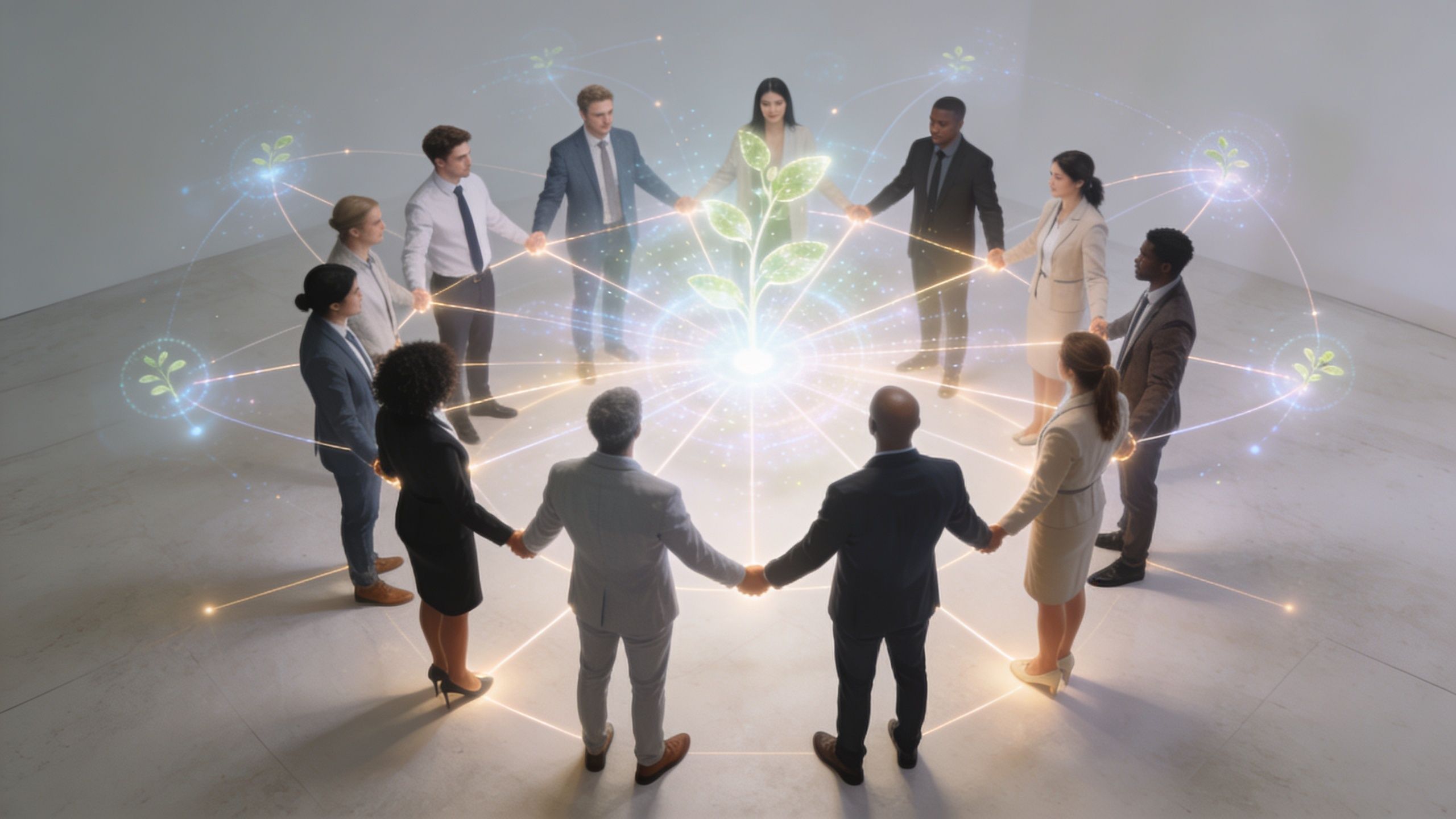 Un grupo diverso de profesionales de negocios formando un círculo conectados por una imagen digital de brote