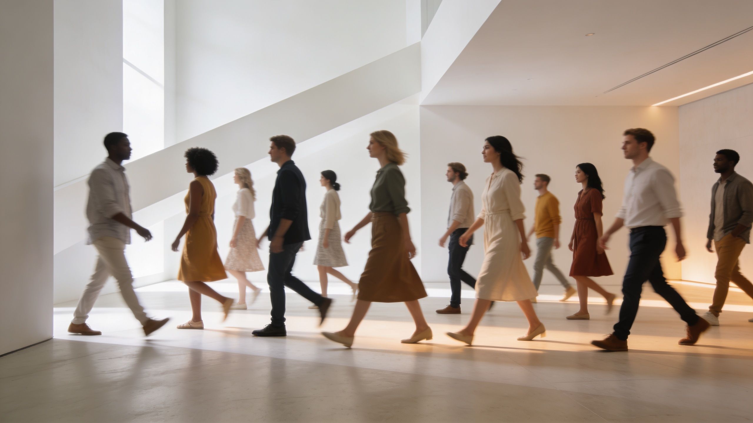 Un grupo diverso de personas caminando en un pasillo luminoso y moderno en un entorno corporativo.