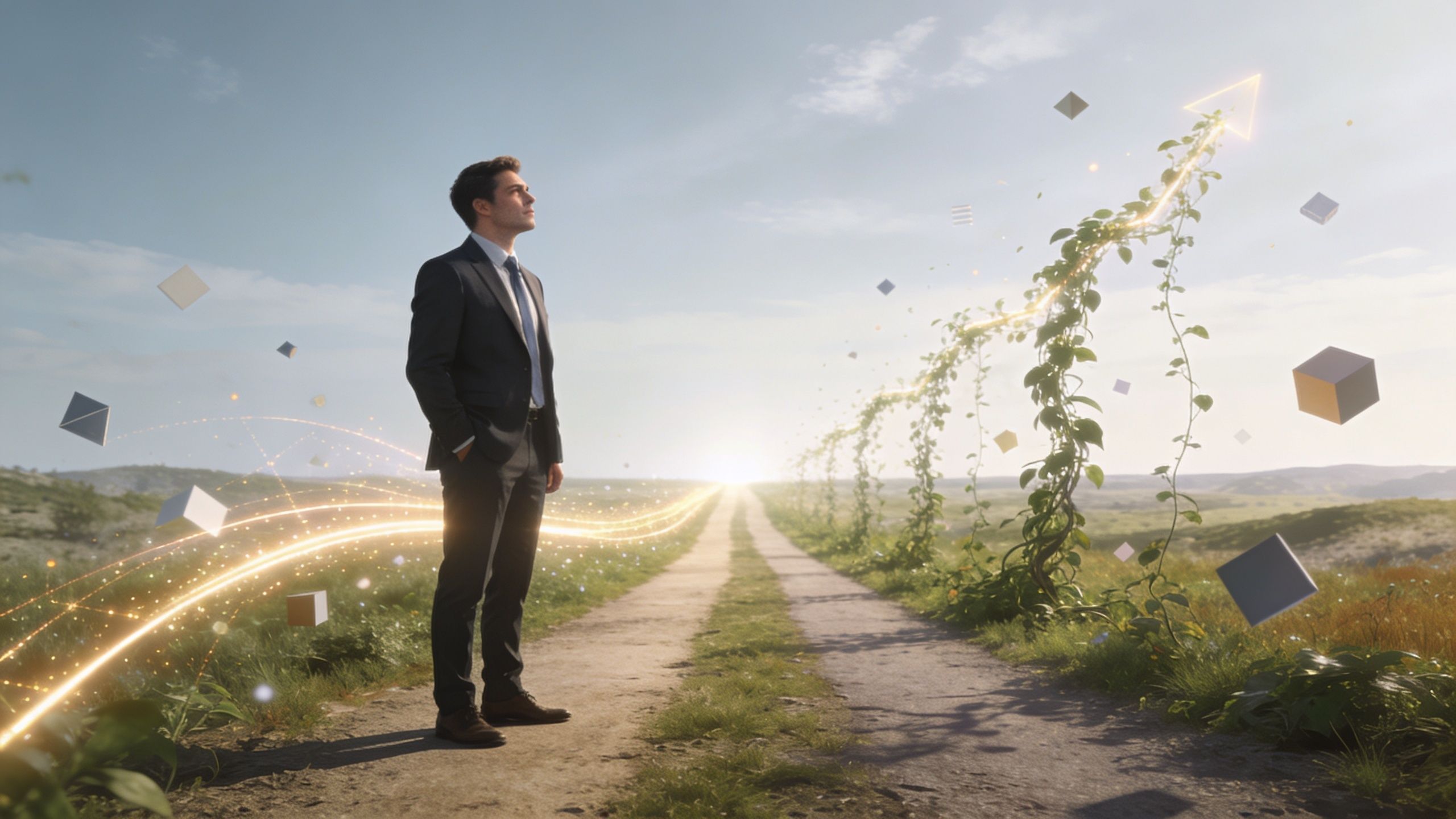 Un hombre de negocios observa un camino con plantas y gráficos flotantes hacia un horizonte brillante.