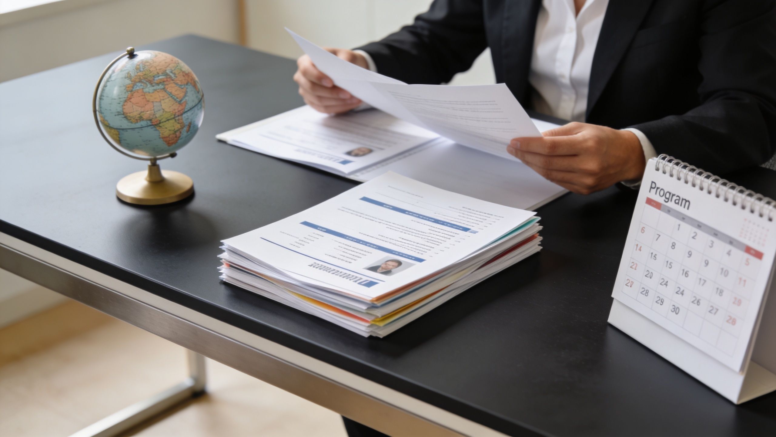 Una persona con traje revisando currículums en un escritorio de oficina con un globo terráqueo y calendario.