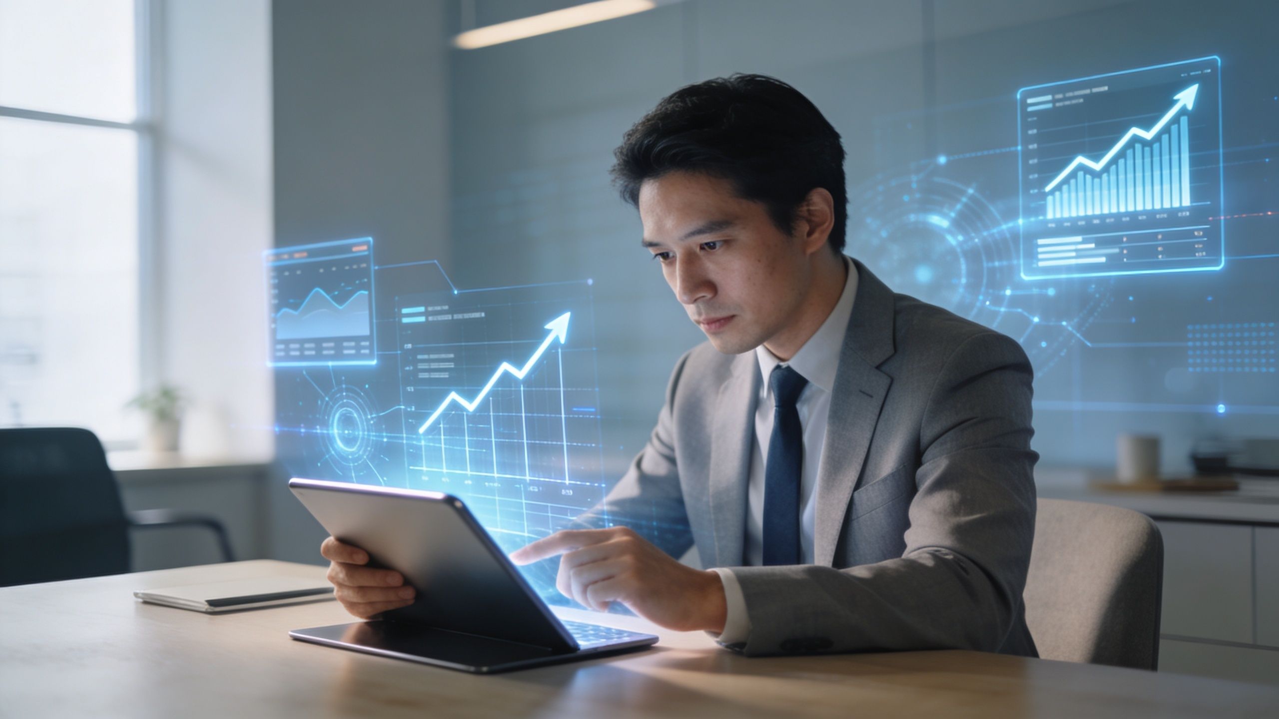 Un ejecutivo analizando datos de negocios en una tableta con gráficos interactivos proyectados en la oficina.
