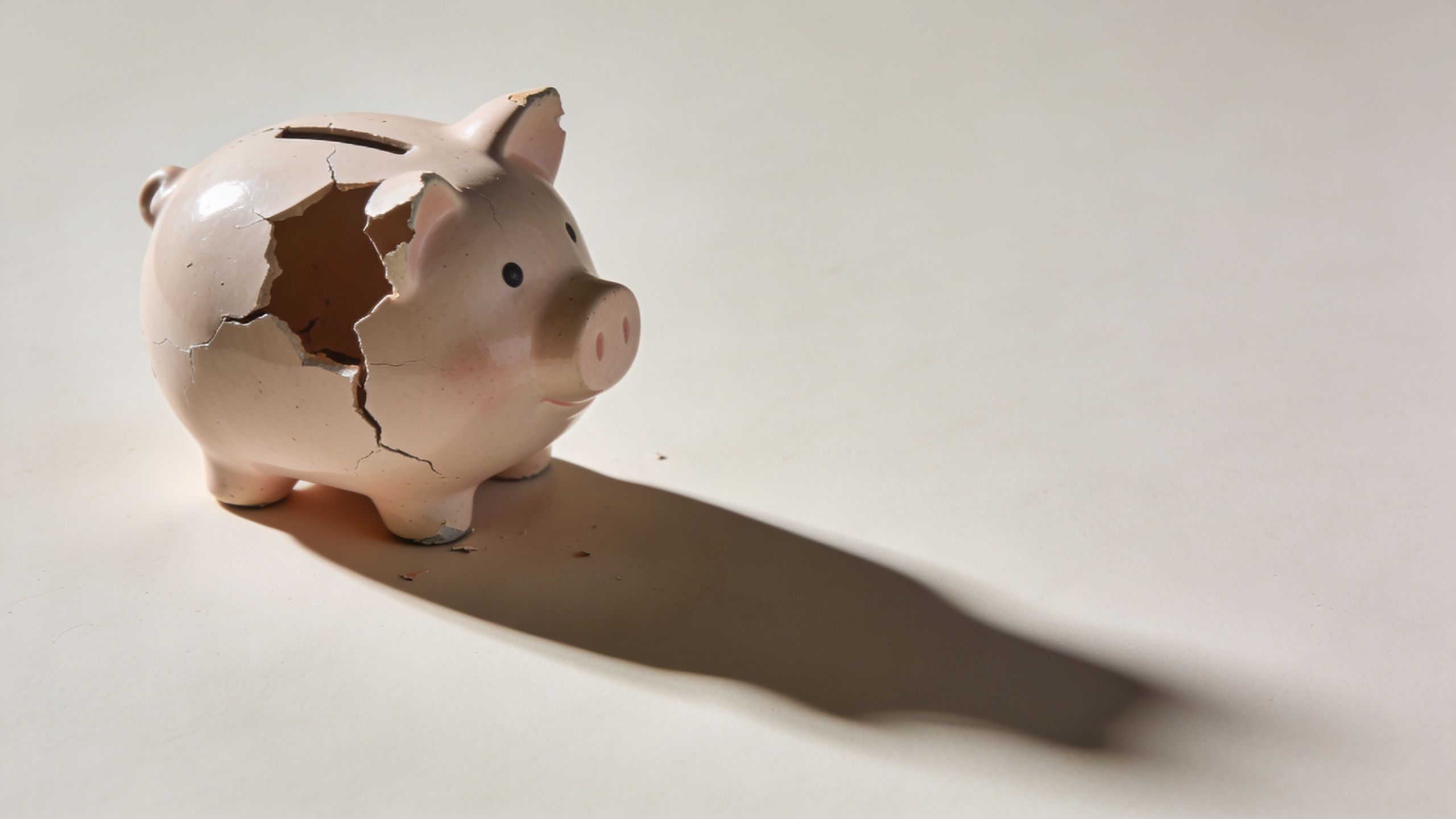 Una alcancía de cerdito rota sobre una superficie clara, representando crisis financiera o falta de ahorros personales.