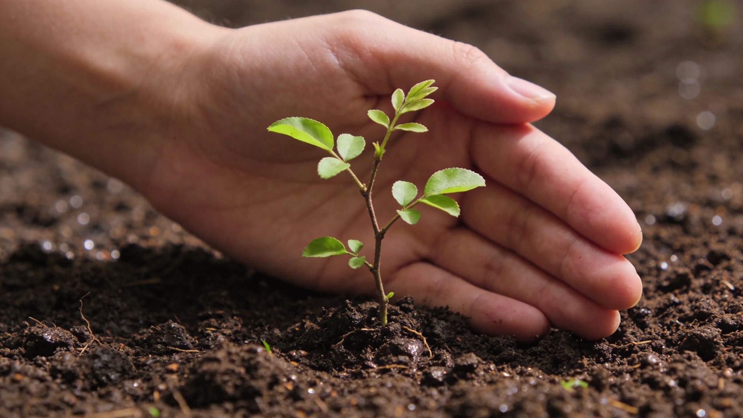 Una mano humana protege cuidadosamente un pequeño brote verde que crece desde la tierra fértil y oscura.