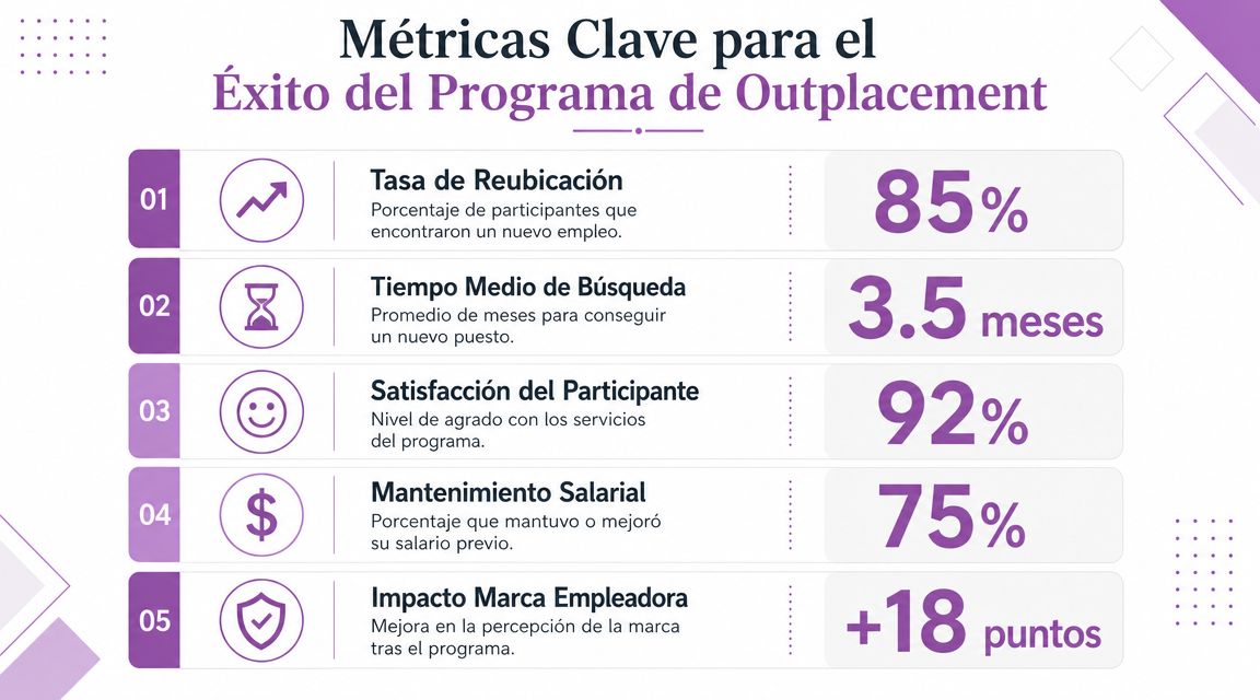 Infografía mostrando las métricas clave para medir el éxito de un programa de outplacement laboral.