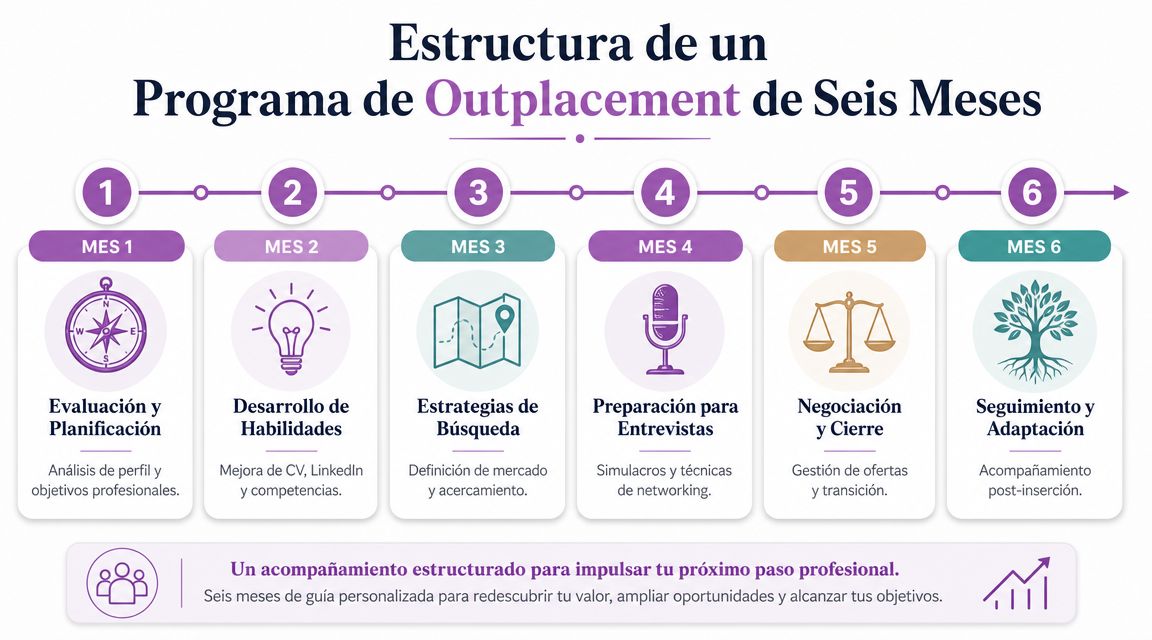 Infografía que detalla las seis etapas de un programa de outplacement profesional durante seis meses.