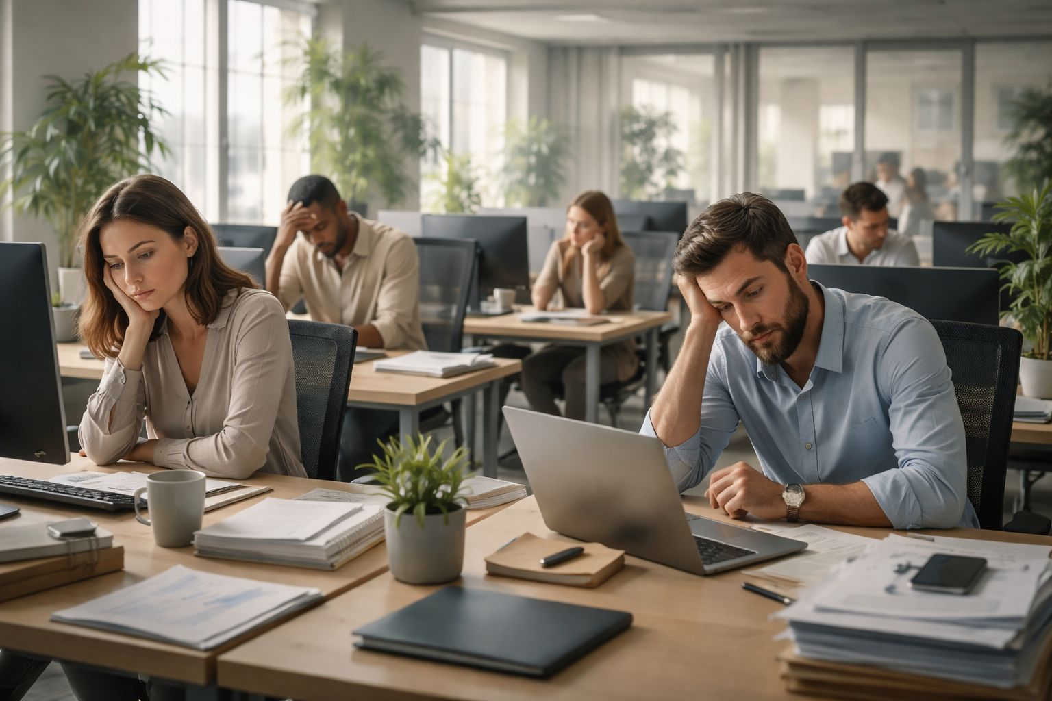 Varios empleados cansados y estresados trabajando en una oficina moderna frente a sus ordenadores portátiles.