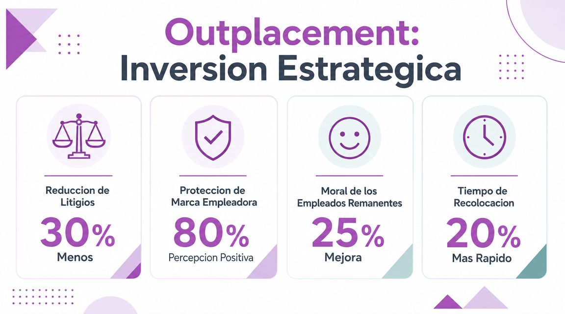 Infografía sobre los beneficios estratégicos del outplacement, destacando reducción de litigios, marca empleadora y moral de empleados.