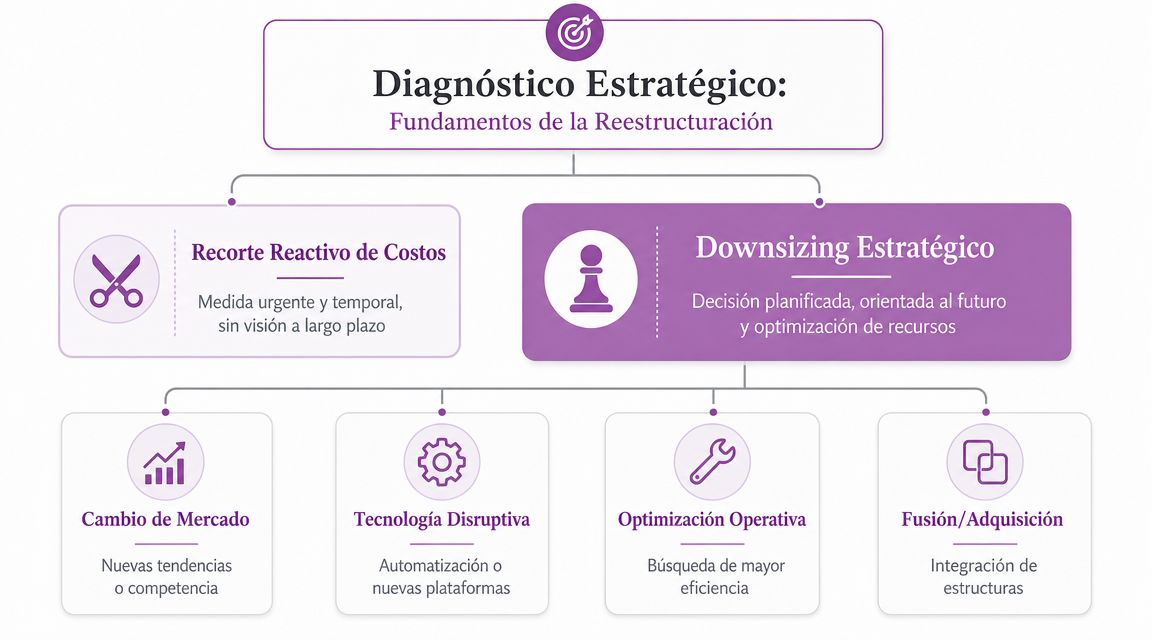 Diagrama de diagnóstico estratégico que compara el recorte reactivo de costos con el downsizing estratégico empresarial.