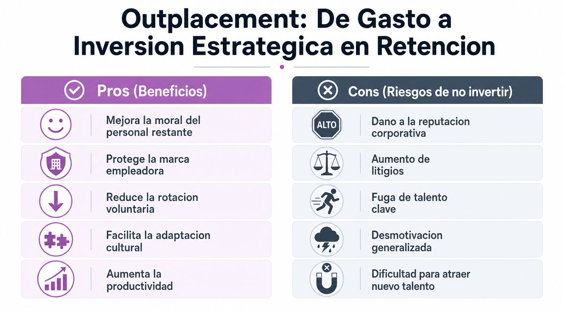 Tabla comparativa sobre beneficios y riesgos del outplacement para la gestión estratégica del talento y retención laboral.