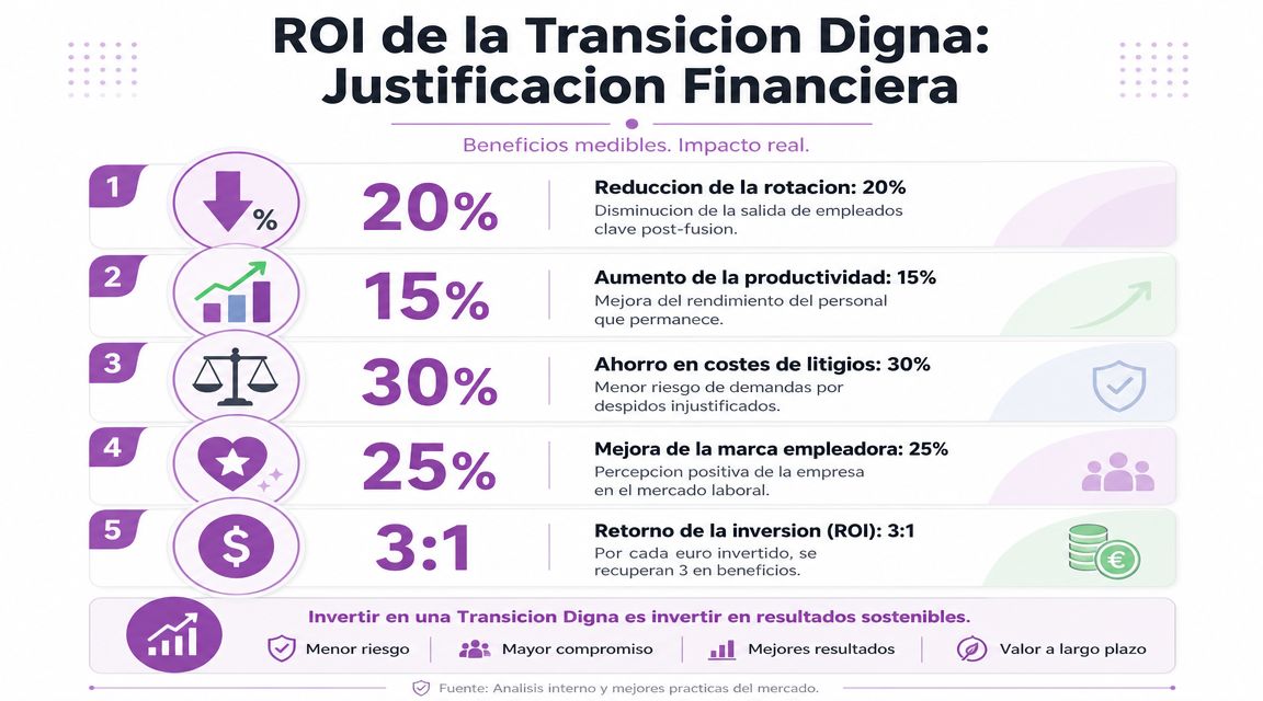 Infografía sobre la justificación financiera y el retorno de inversión en procesos de transición laboral digna.