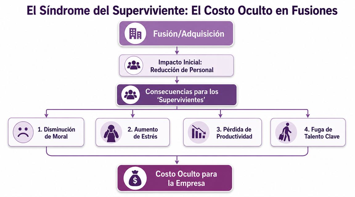Diagrama de flujo que explica el síndrome del superviviente como costo oculto tras fusiones y adquisiciones empresariales.