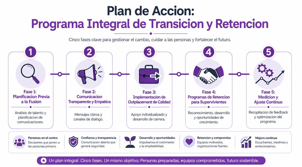 Plan de acción de cinco fases para la gestión del talento durante procesos de fusión empresarial.
