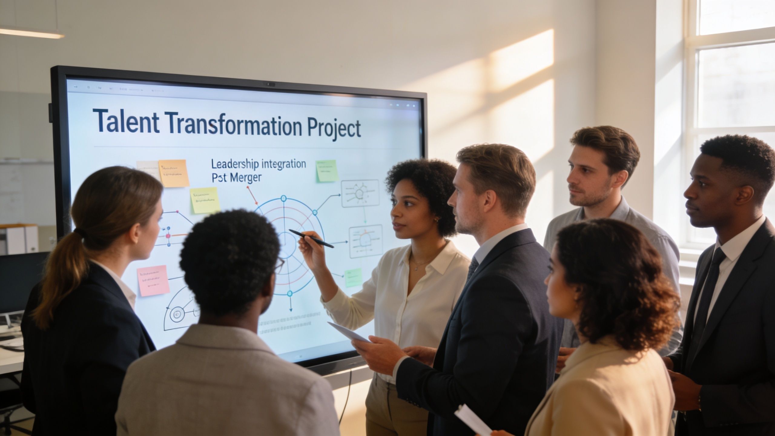 Un grupo diverso de profesionales de negocios colaborando en una presentación sobre un proyecto de transformación de talento.