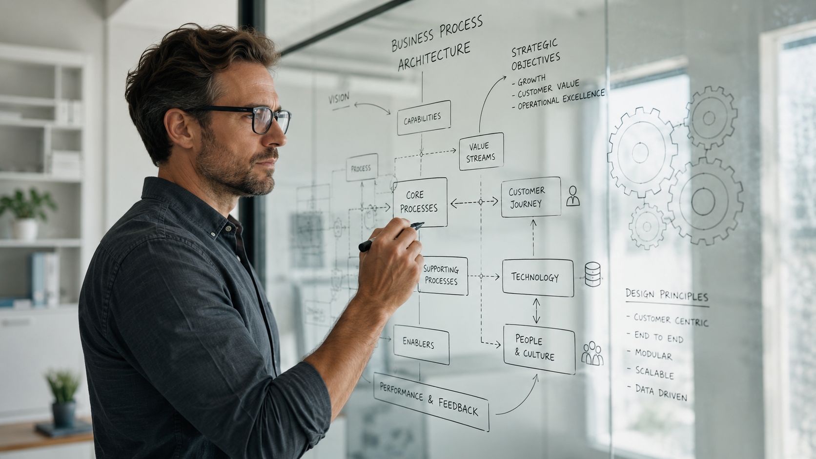 Un hombre de negocios analizando un diagrama detallado de arquitectura de procesos empresariales escrito en una pizarra