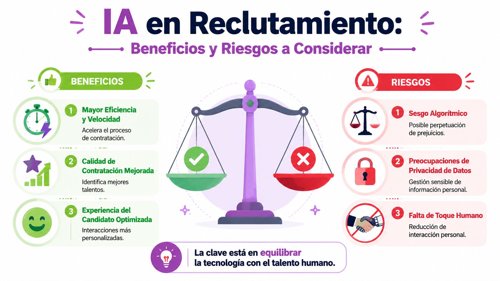 Infografía sobre los beneficios y riesgos de utilizar inteligencia artificial en los procesos de reclutamiento laboral.
