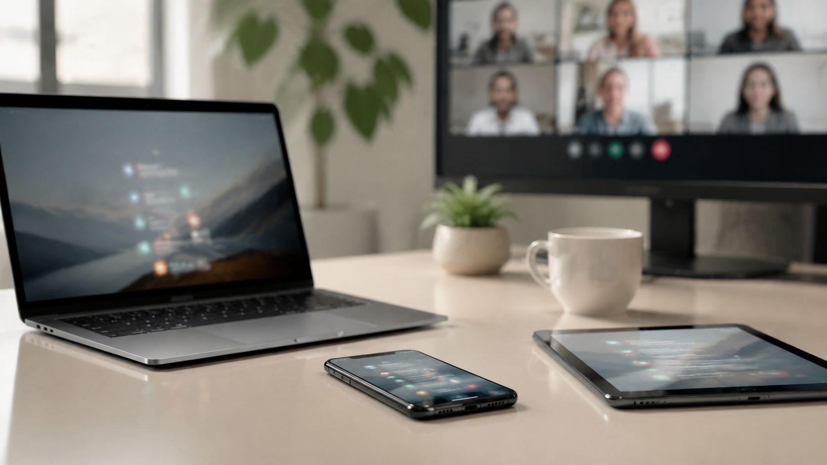 Escritorio de oficina con laptop, tableta y teléfono mostrando una videoconferencia con varias personas en la pantalla.